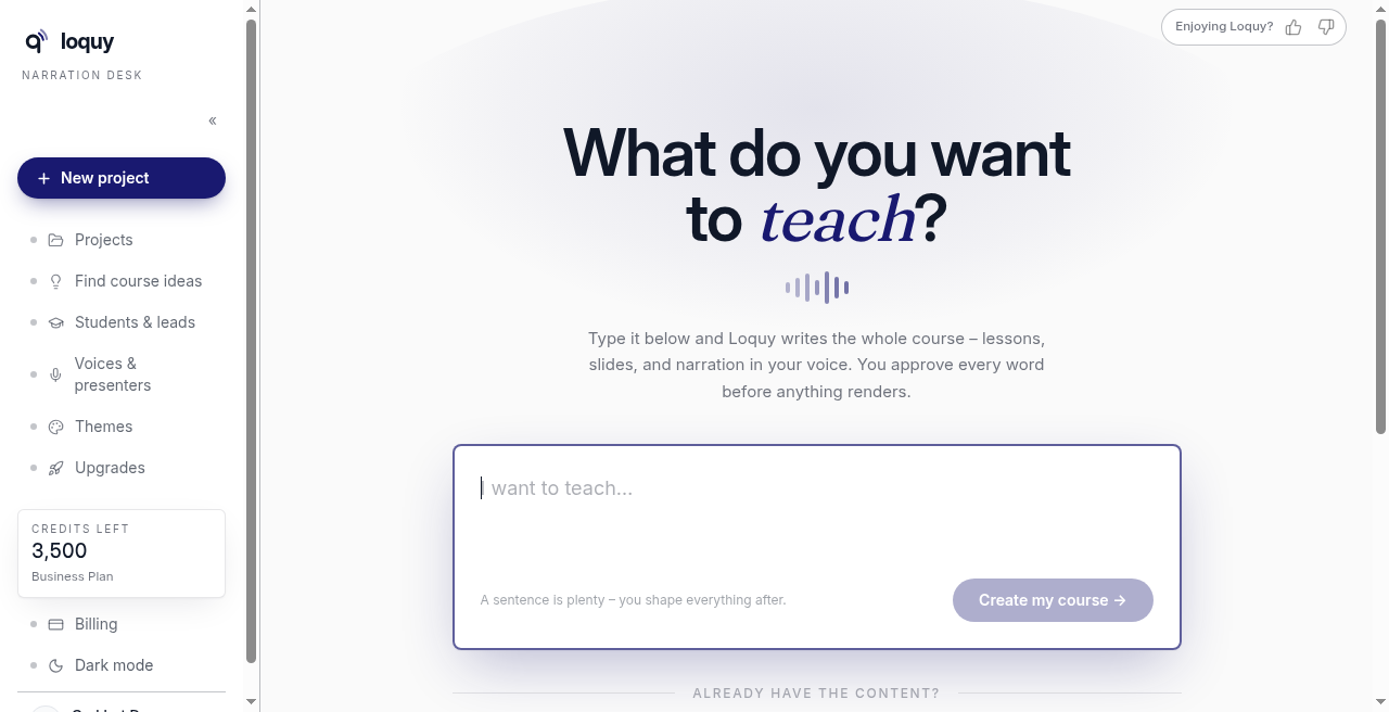 What do you want to teach screen, with a box to type a course idea