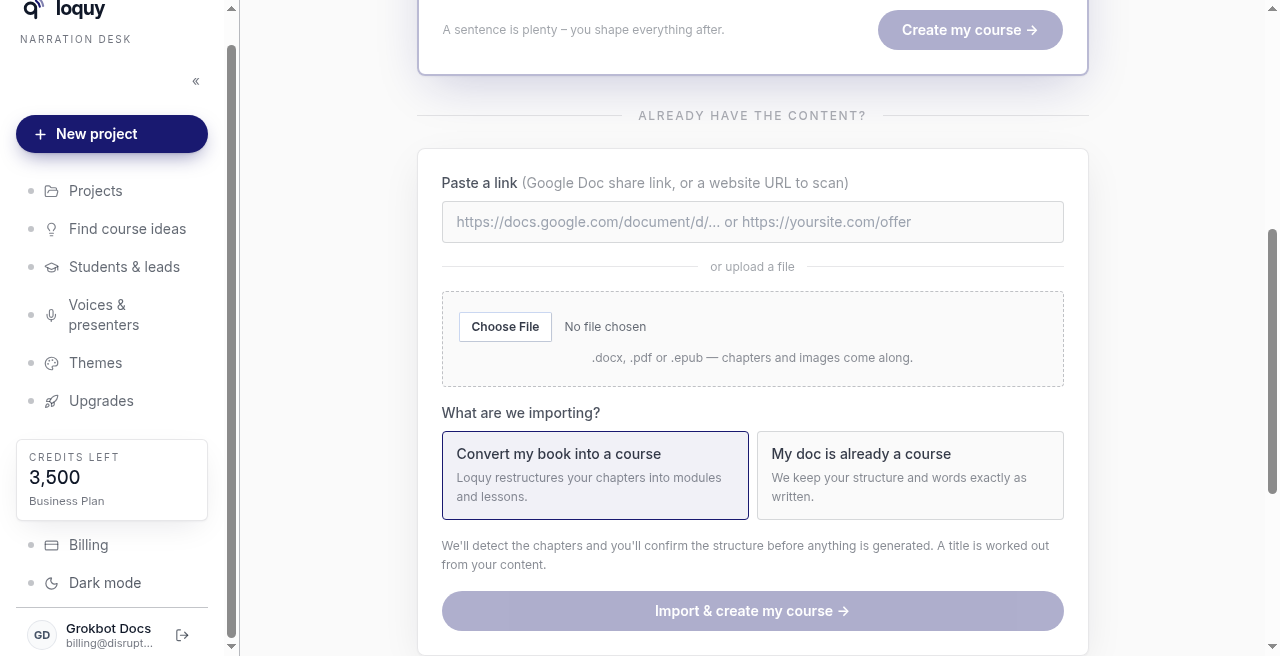 Import panel with paste a link, choose a file, and convert or keep as written