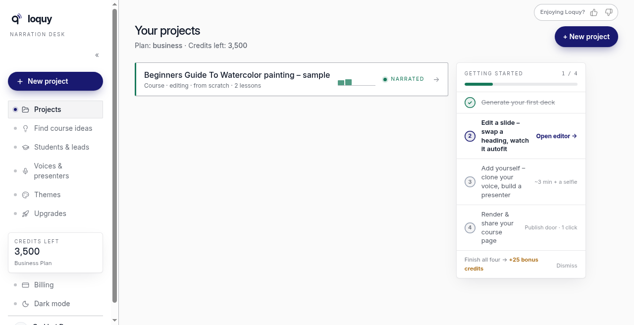 Your projects home, with a course card, New project, and the getting-started list