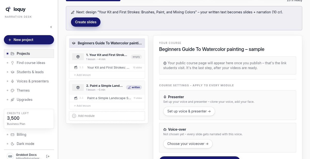 Course builder with modules, Create slides, and Choose your voiceover