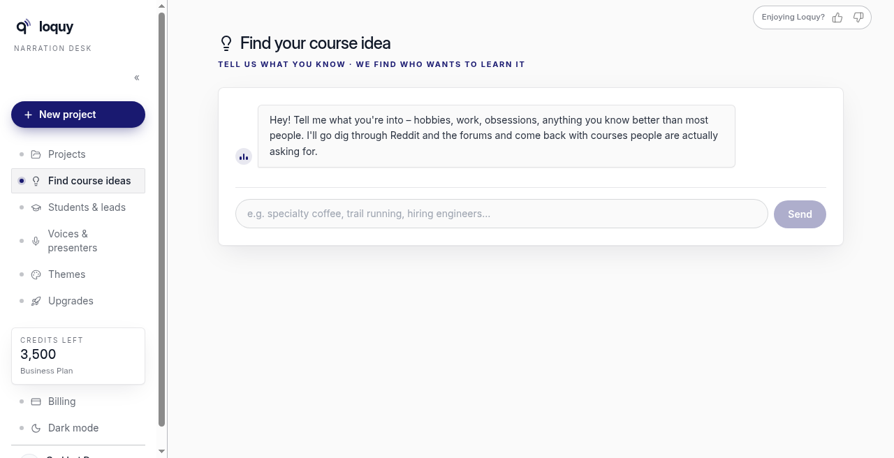 Find your course idea chat, starting with tell us what you know