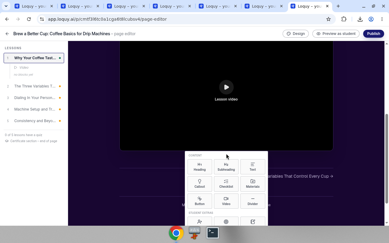 Add menu with Content blocks such as heading, text, and materials