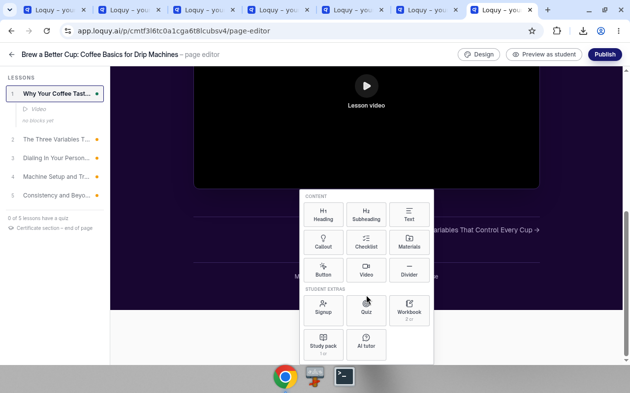 Student extras in Add: Signup, Quiz, Workbook, Study pack, and AI tutor
