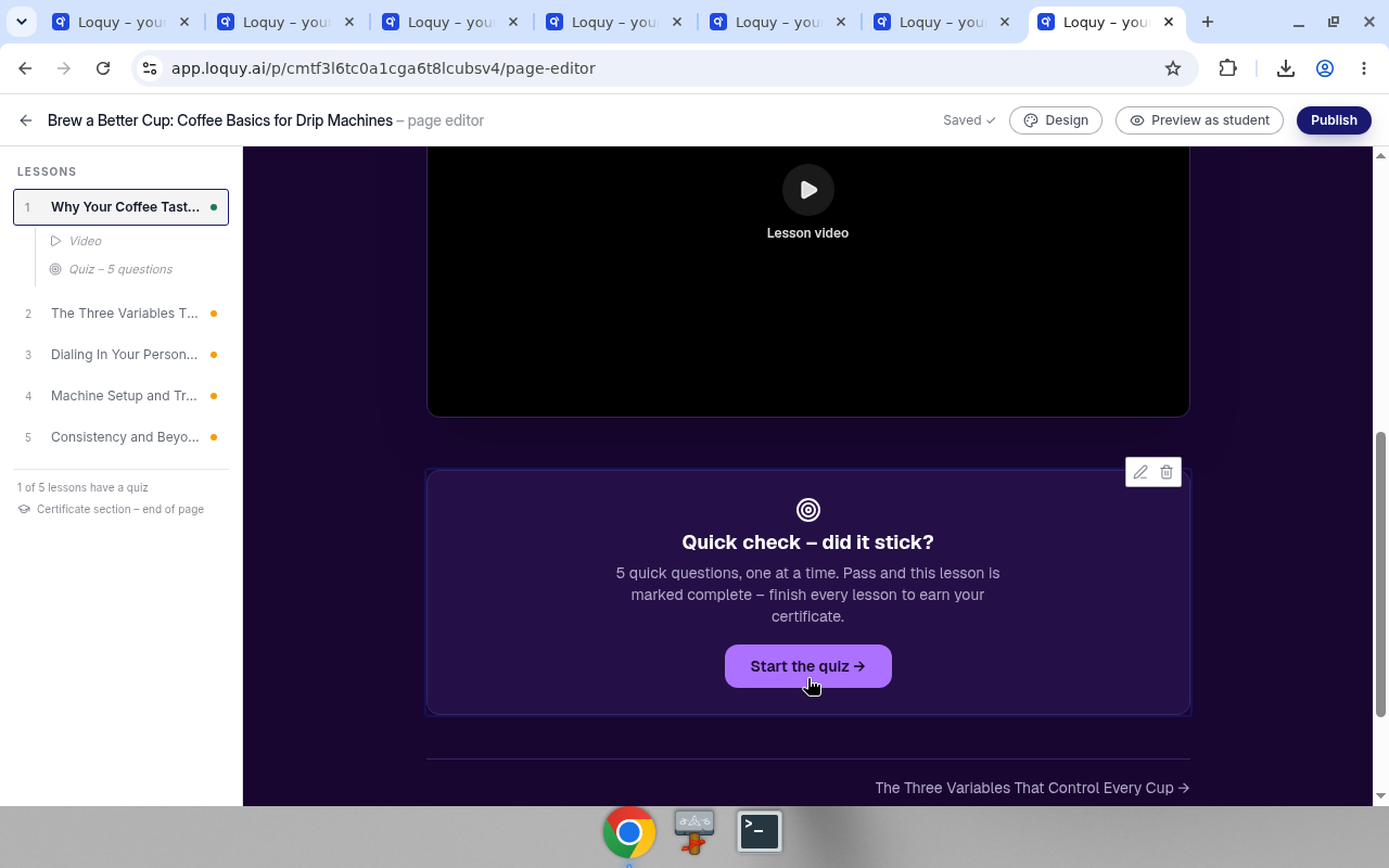 Quiz block on the course page with Start the quiz