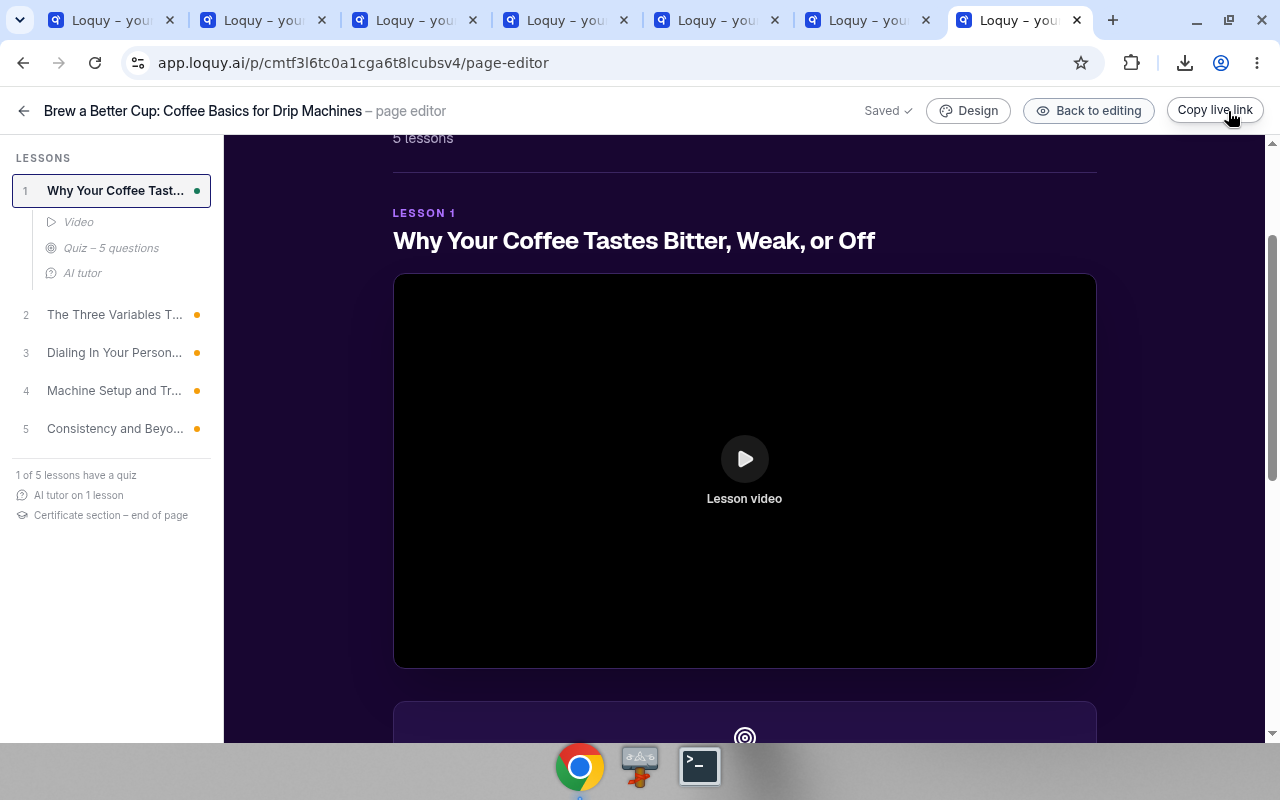 Page editor with Copy live link after the course is published