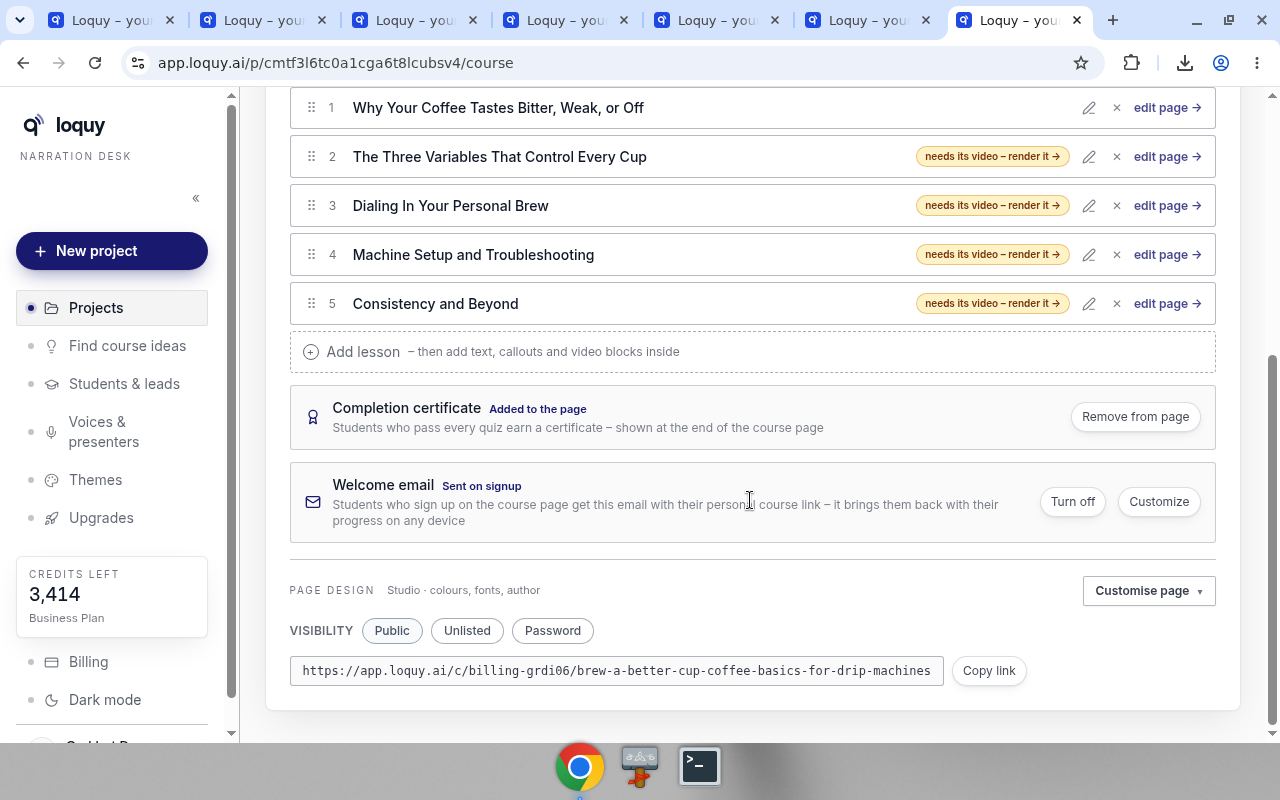 Live course page settings: public link, visibility, certificate, and welcome email