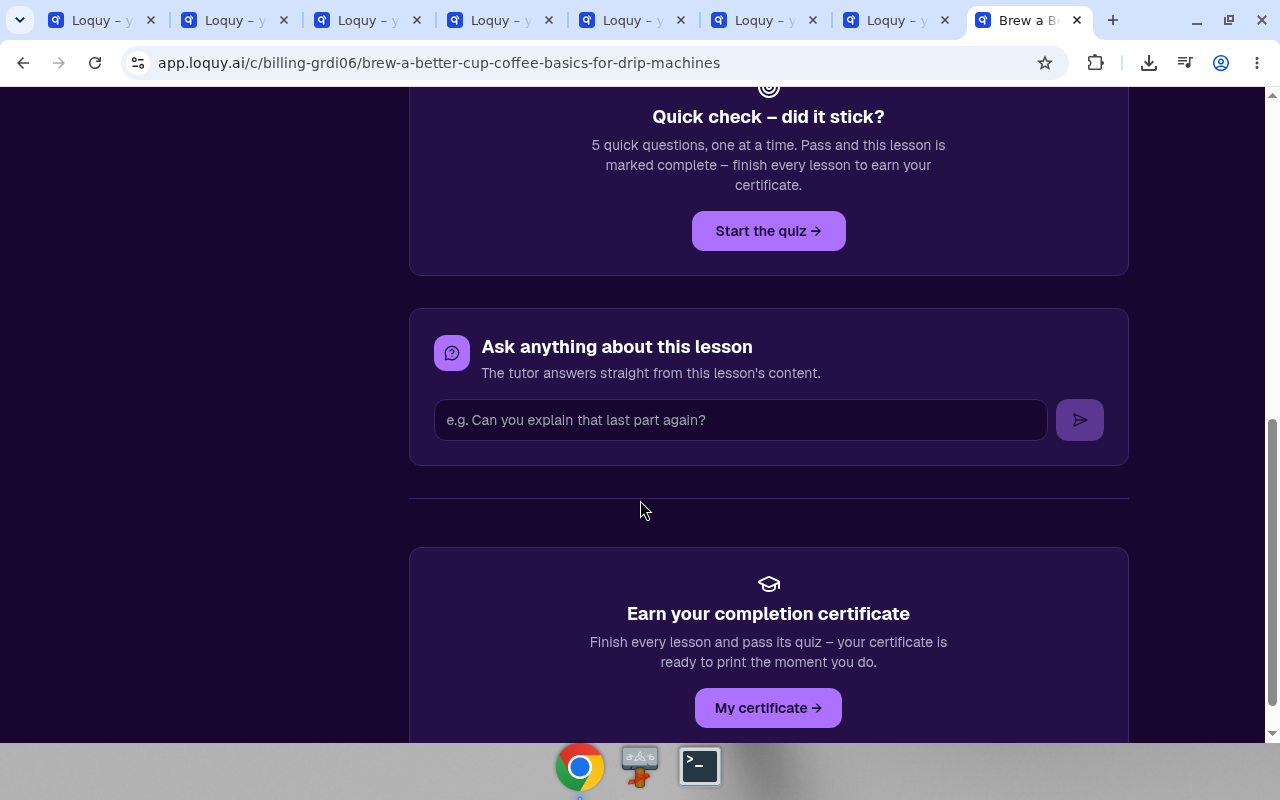 Live course page with quiz, AI tutor, and Earn your completion certificate