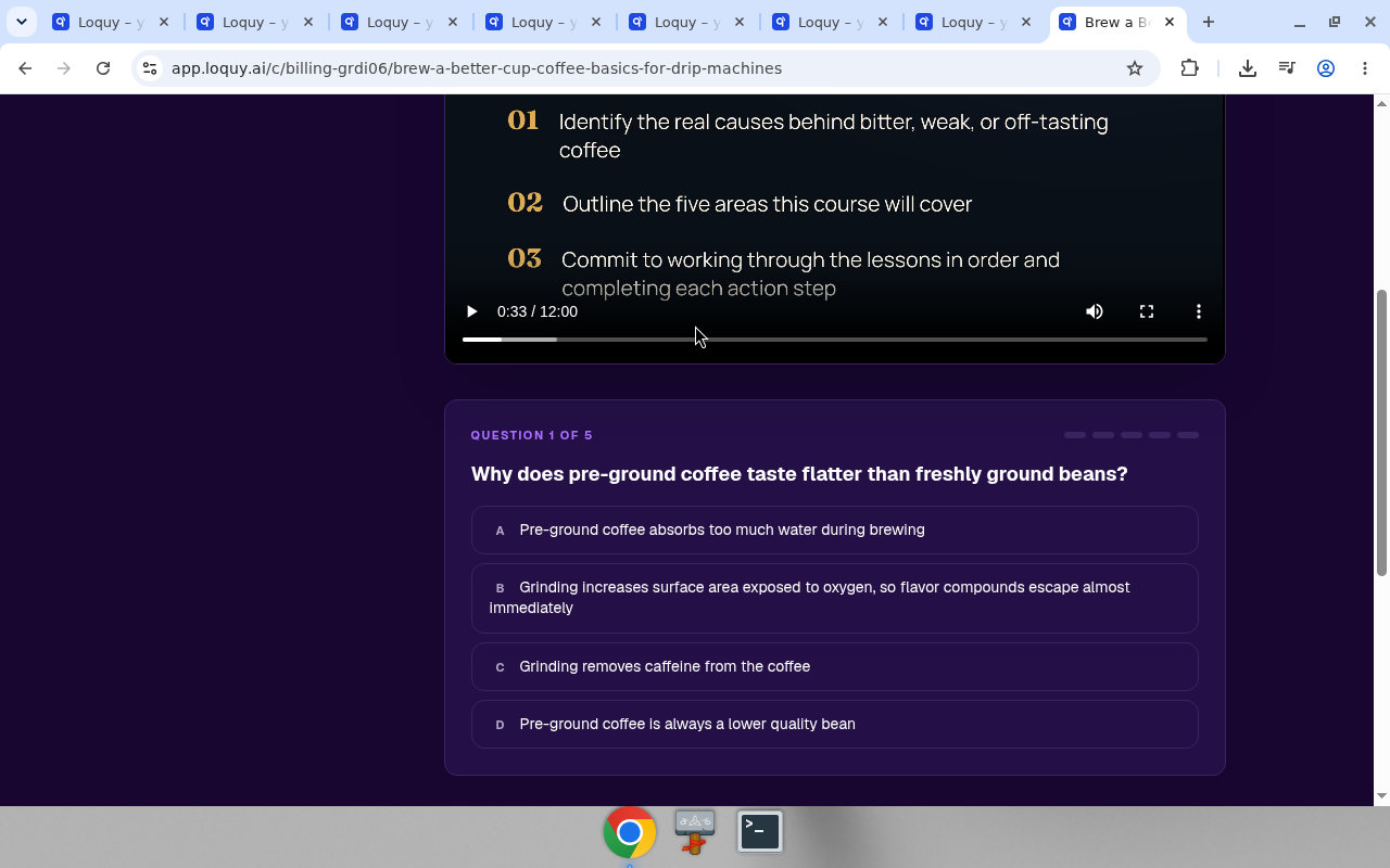 Live quiz, question 1 of 5, next to the lesson video