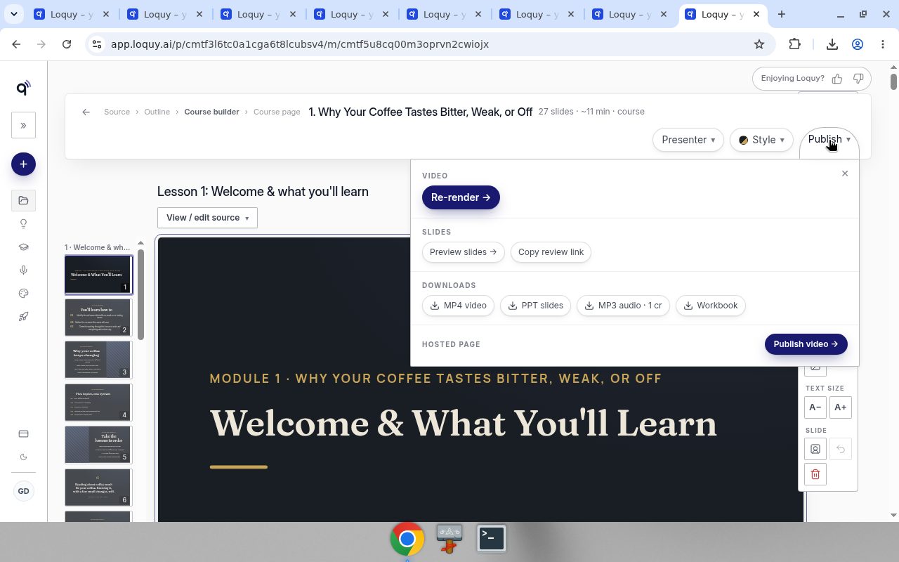 Lesson Publish menu with Downloads: MP4, PPT, MP3, and Workbook