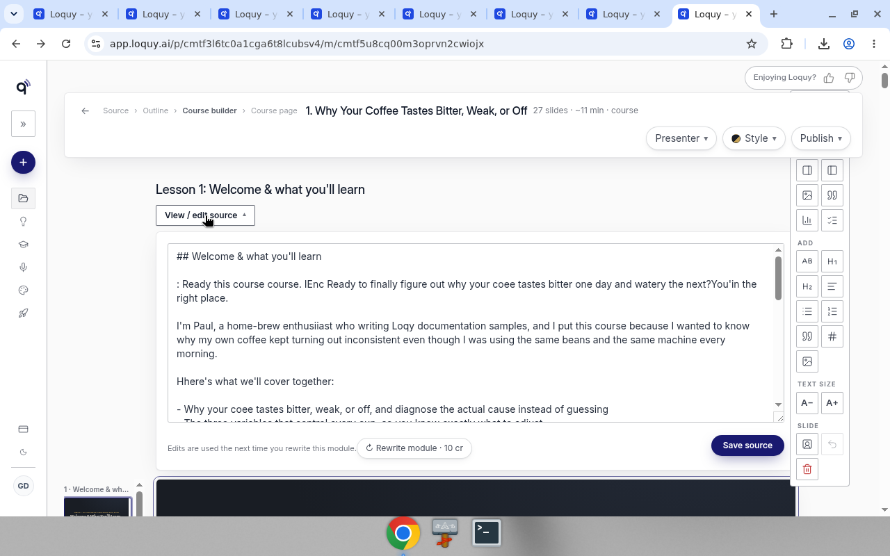 Lesson editor with View / edit source open