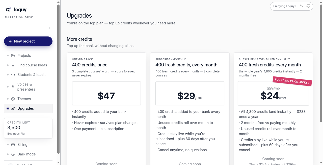 Upgrades page for topping up credits