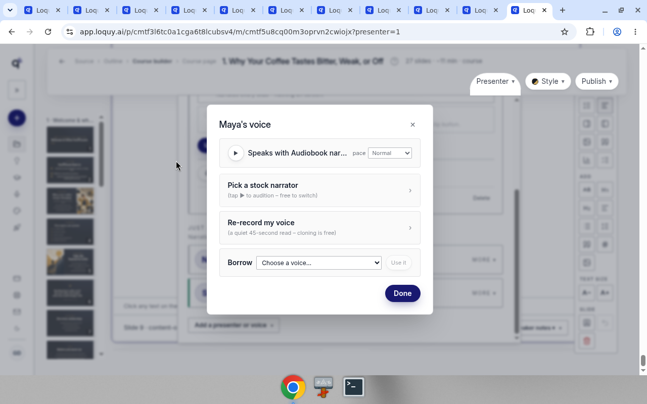 Presenter Change voice dialog with pace and Done; Delete on the card