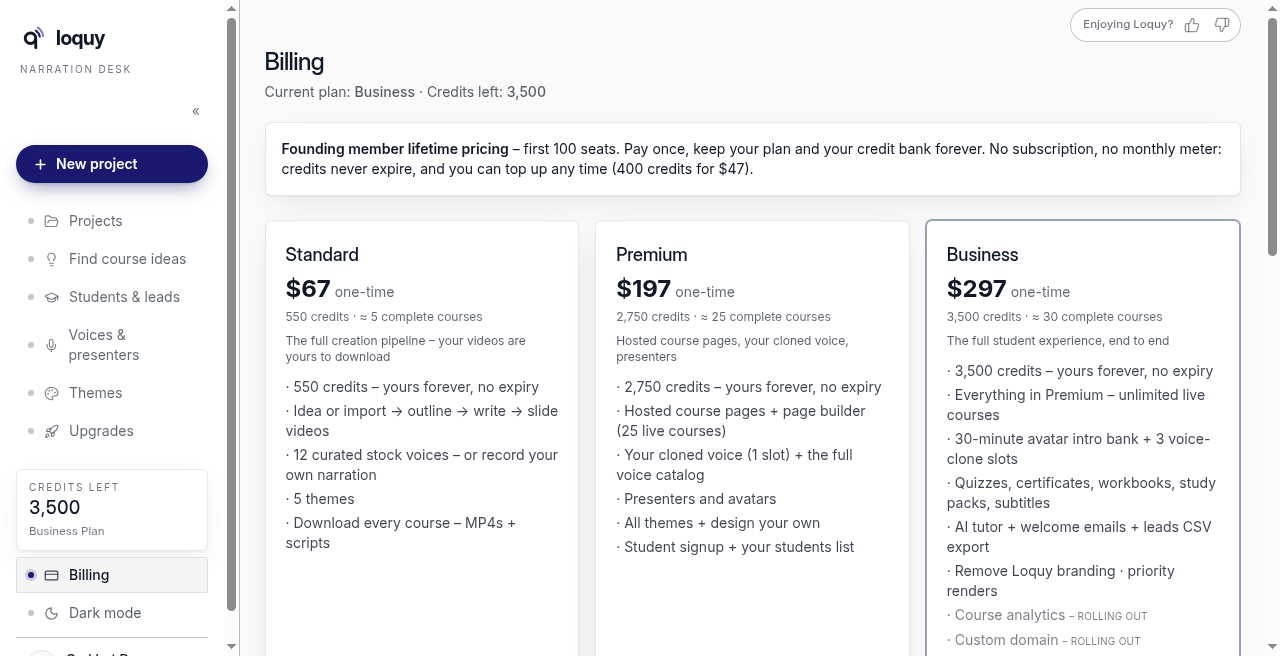 Billing page with current plan, credits, and Standard, Premium, and Business