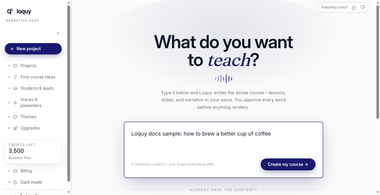 Topic typed in, with Create my course ready to click