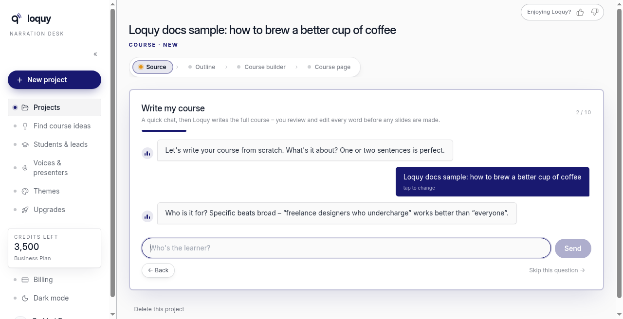 Write my course chat asking what it is about and who the learner is