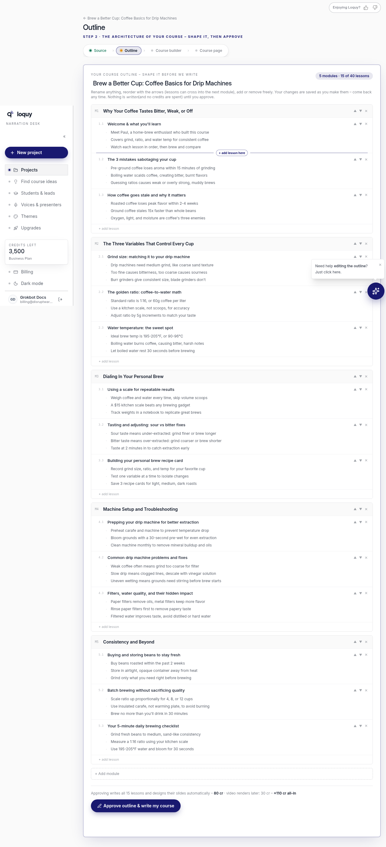 Editable outline with modules, lessons, reorder arrows, and add lesson