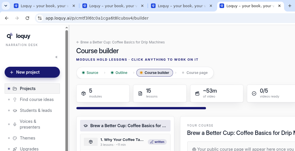 Course builder after writing, with modules marked written