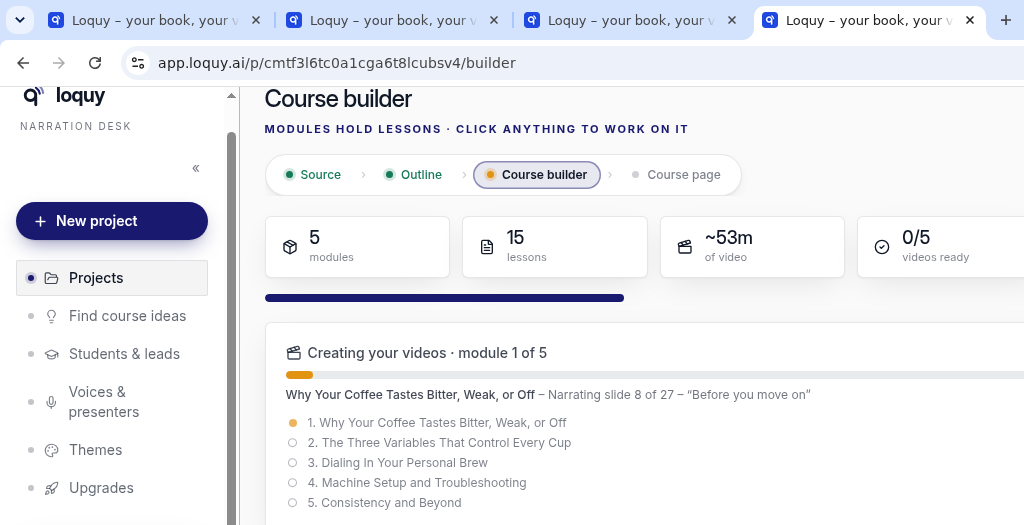 Course builder rendering module 1 of 5, narrating a slide