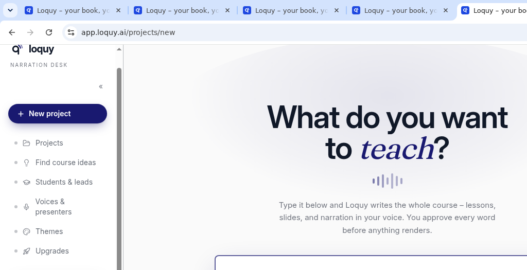 What do you want to teach, with a sentence box and Create my course