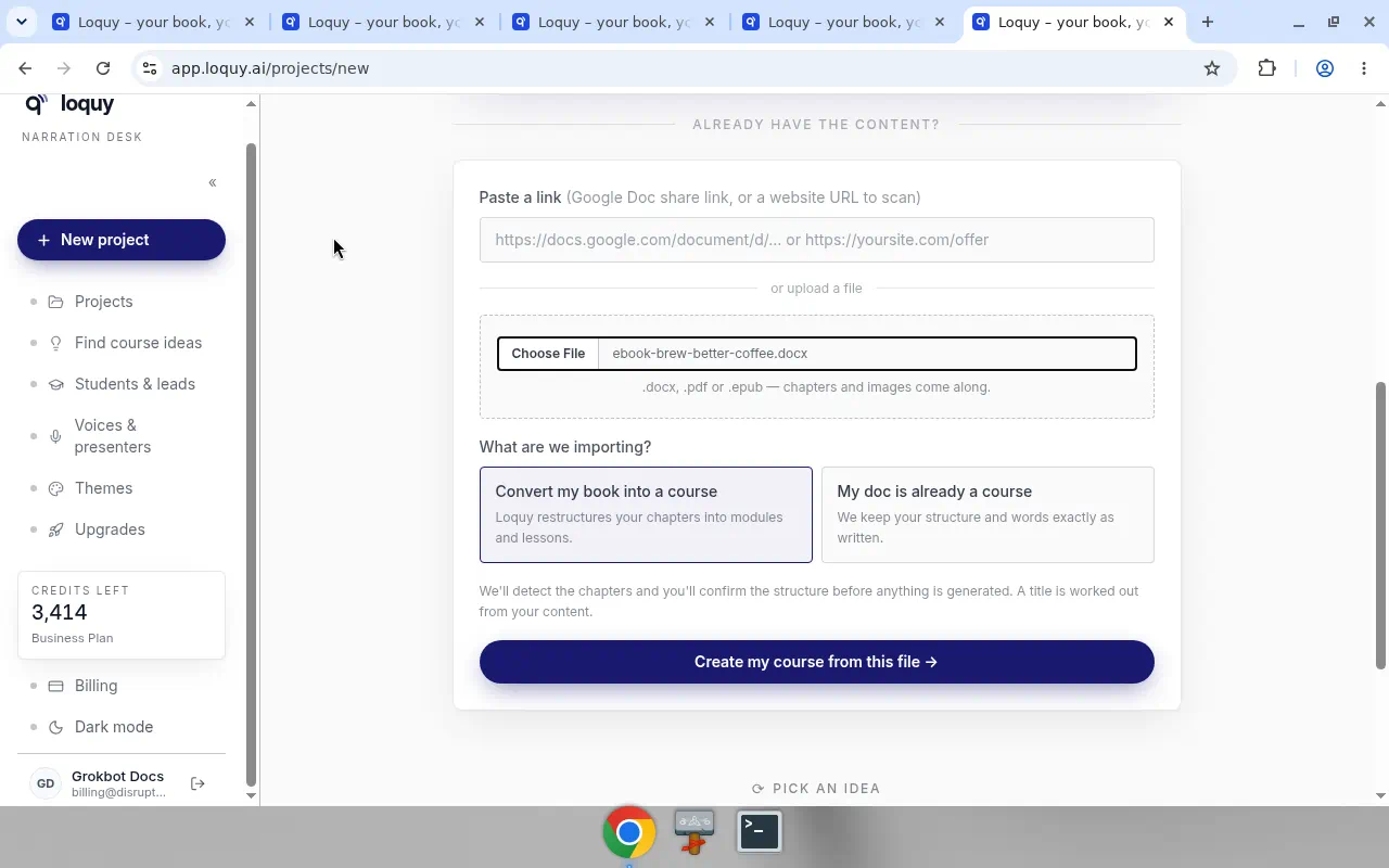 A Word file attached, Convert my book selected, and Create my course from this file