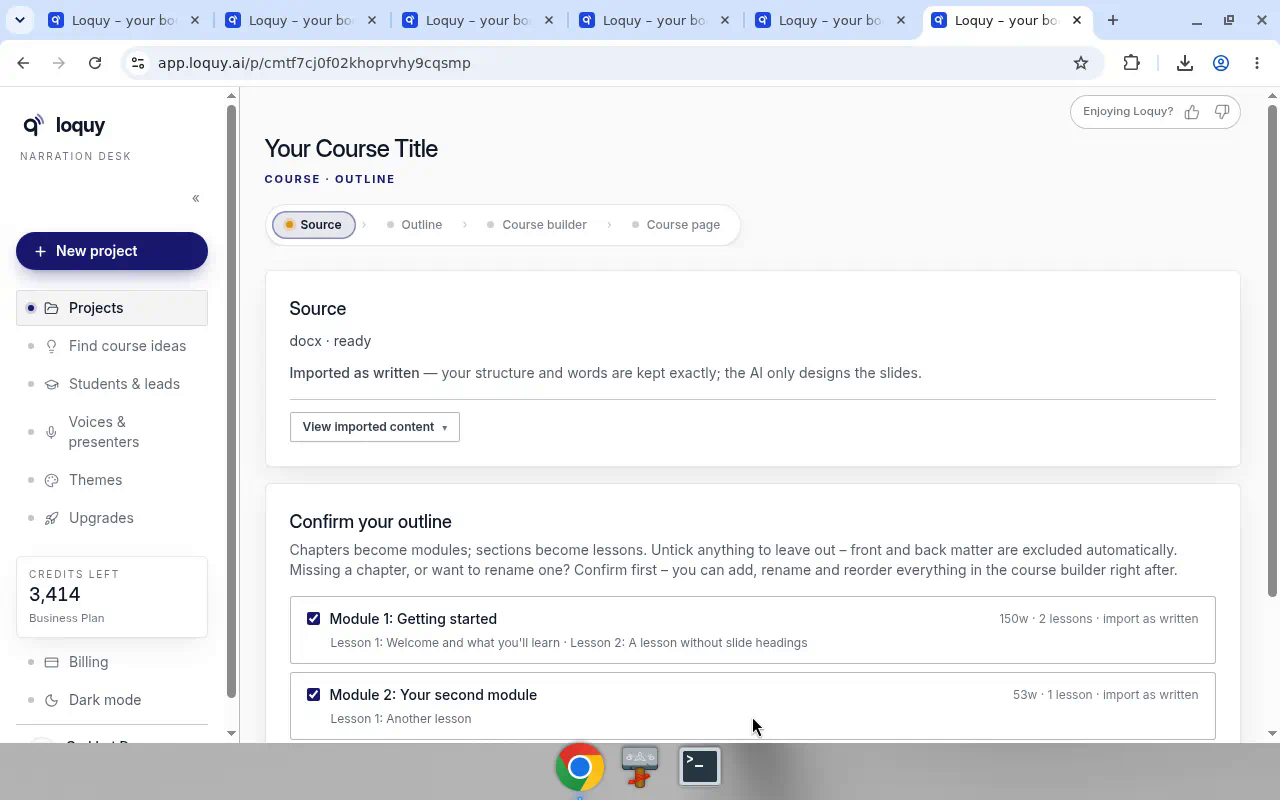 Confirm your outline after an as-written import, with modules and lessons listed
