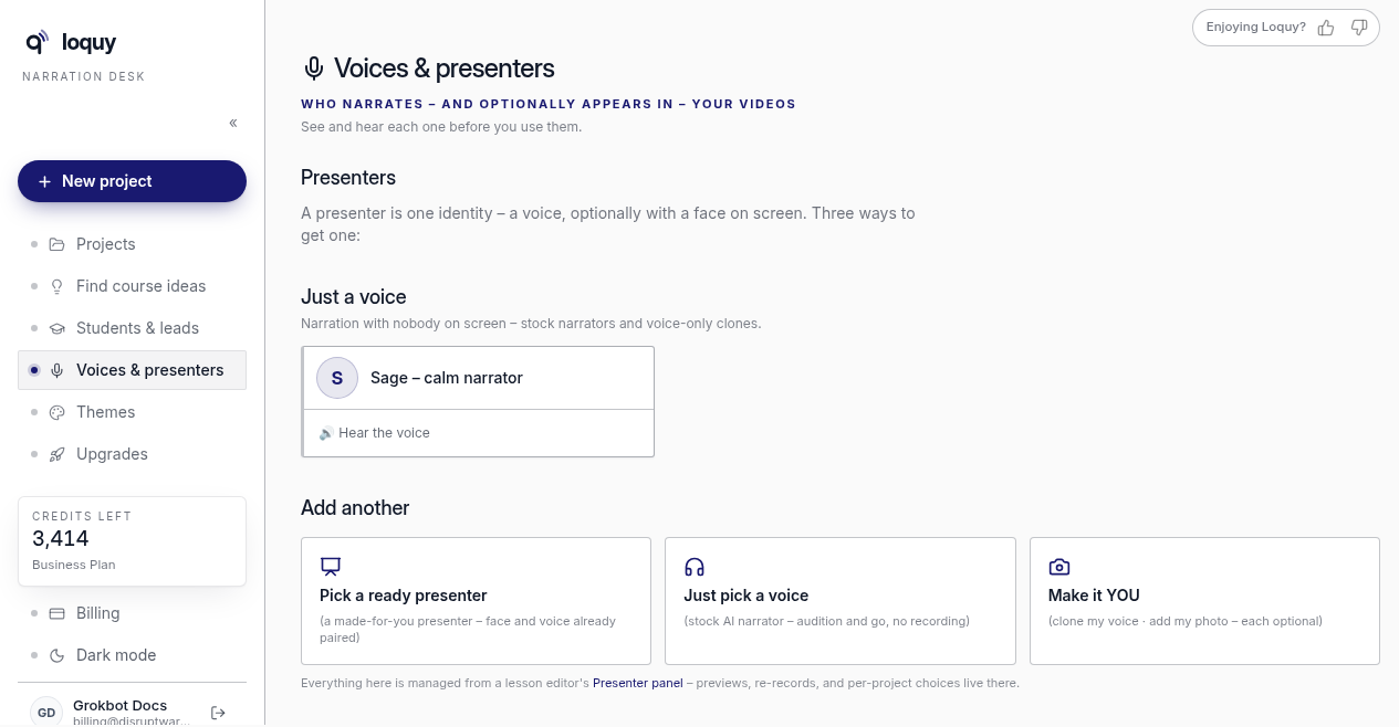 Voices and presenters: pick a ready presenter, just pick a voice, or Make it YOU