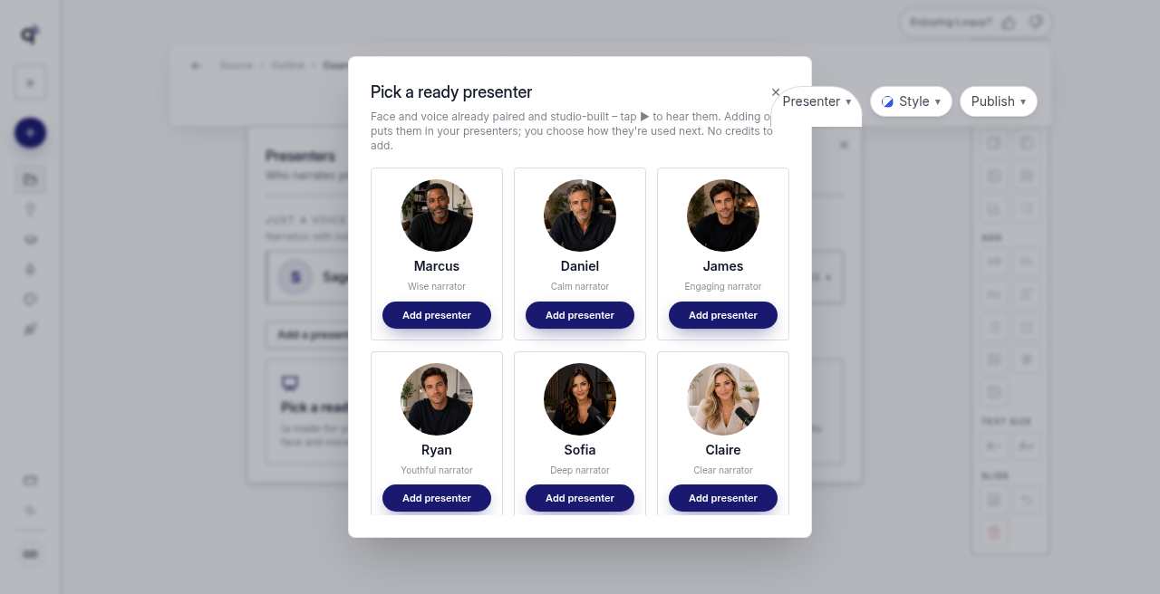 Ready presenter chooser with faces and voices already paired