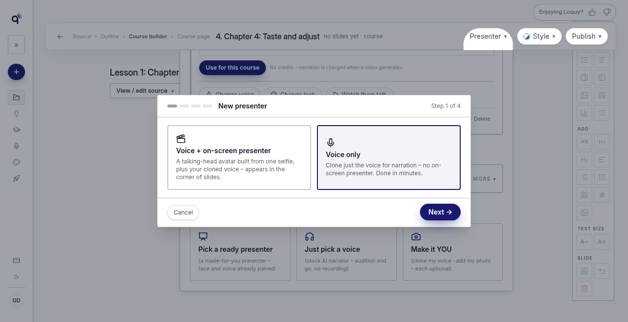 Clone setup: voice only, or voice plus an on-screen presenter