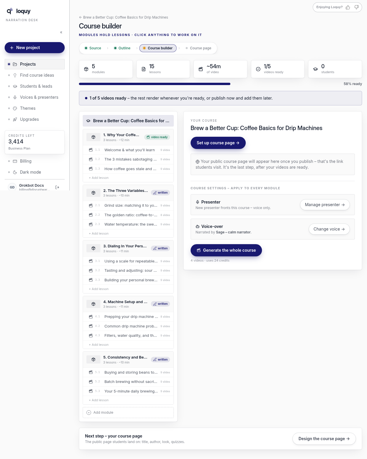 Course builder showing 1 of 5 videos ready