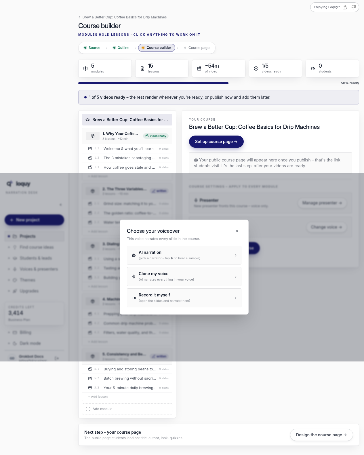 Choose your voiceover: AI narration, Clone my voice, or Record it myself