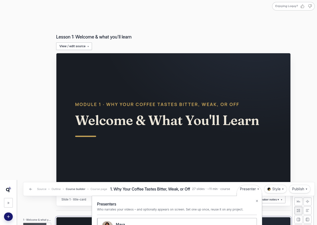 Lesson editor with the Presenter panel open