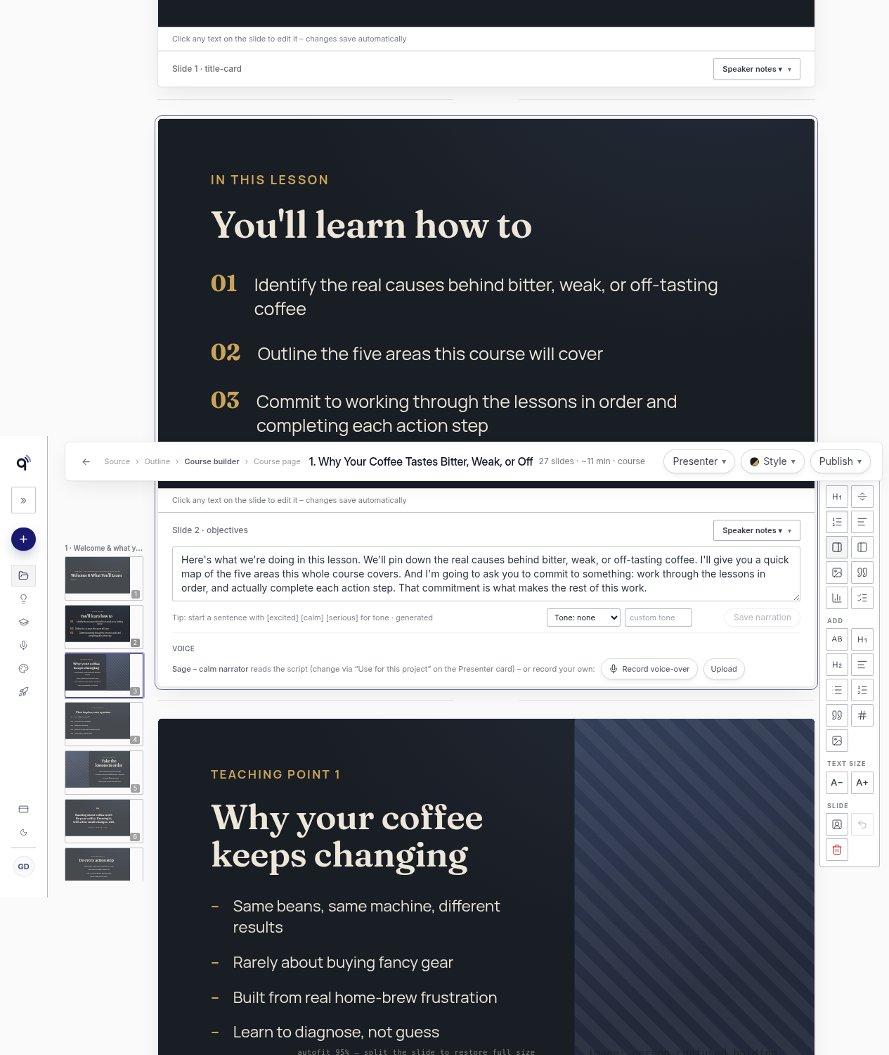 Slide with Speaker notes, Record voice-over, and Upload