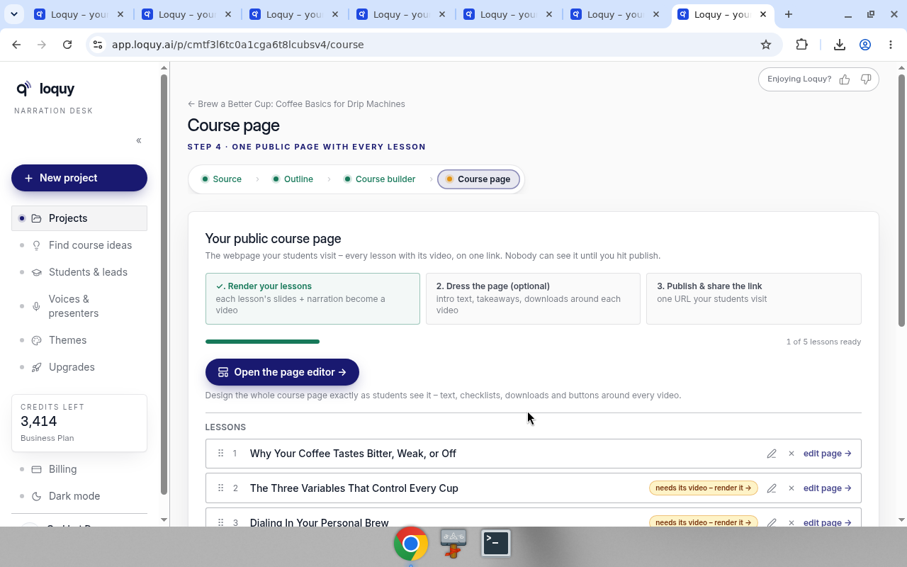 Course page step with the three-step checklist and Open the page editor