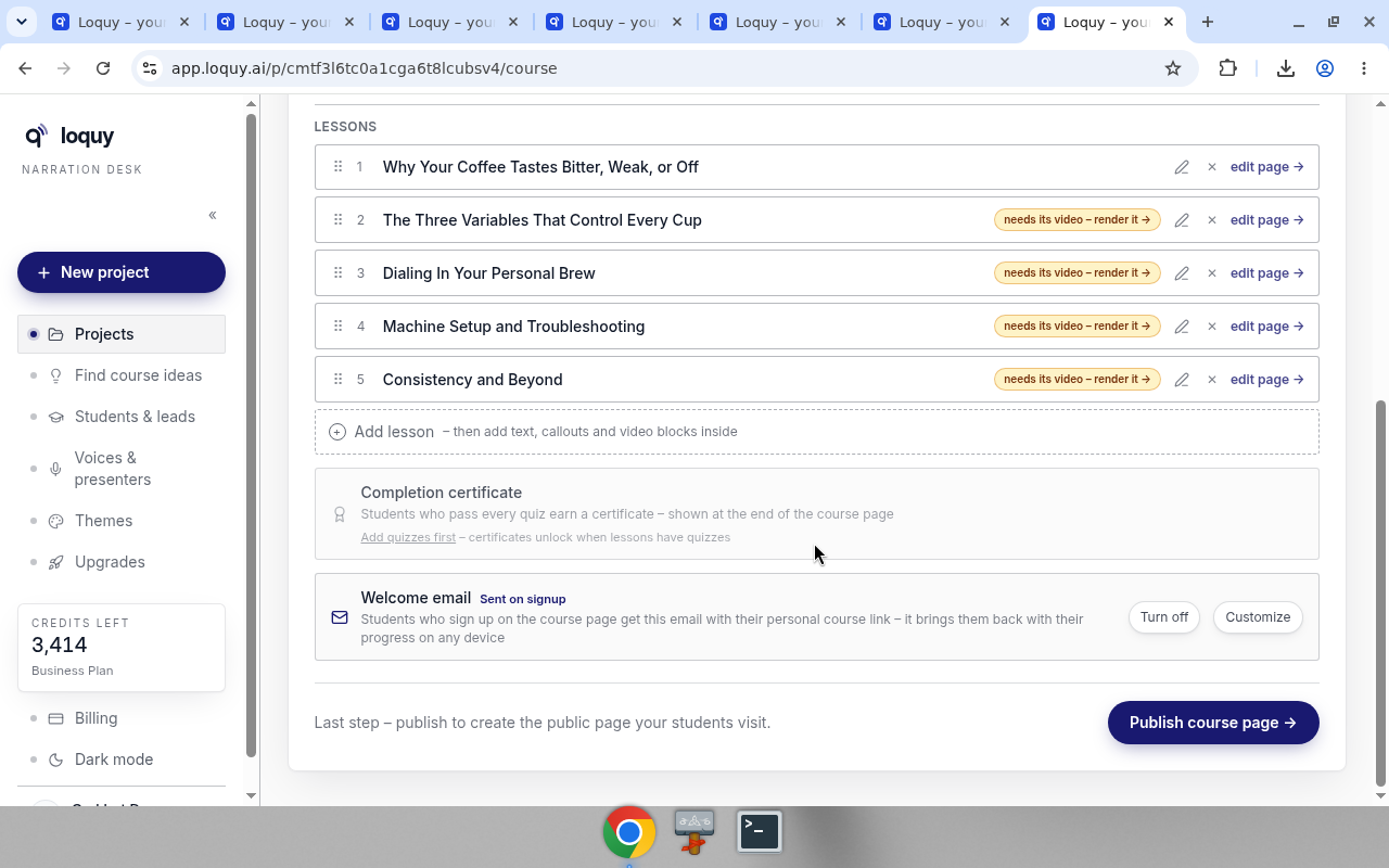 Course page step with lessons, certificate, welcome email, and Publish course page