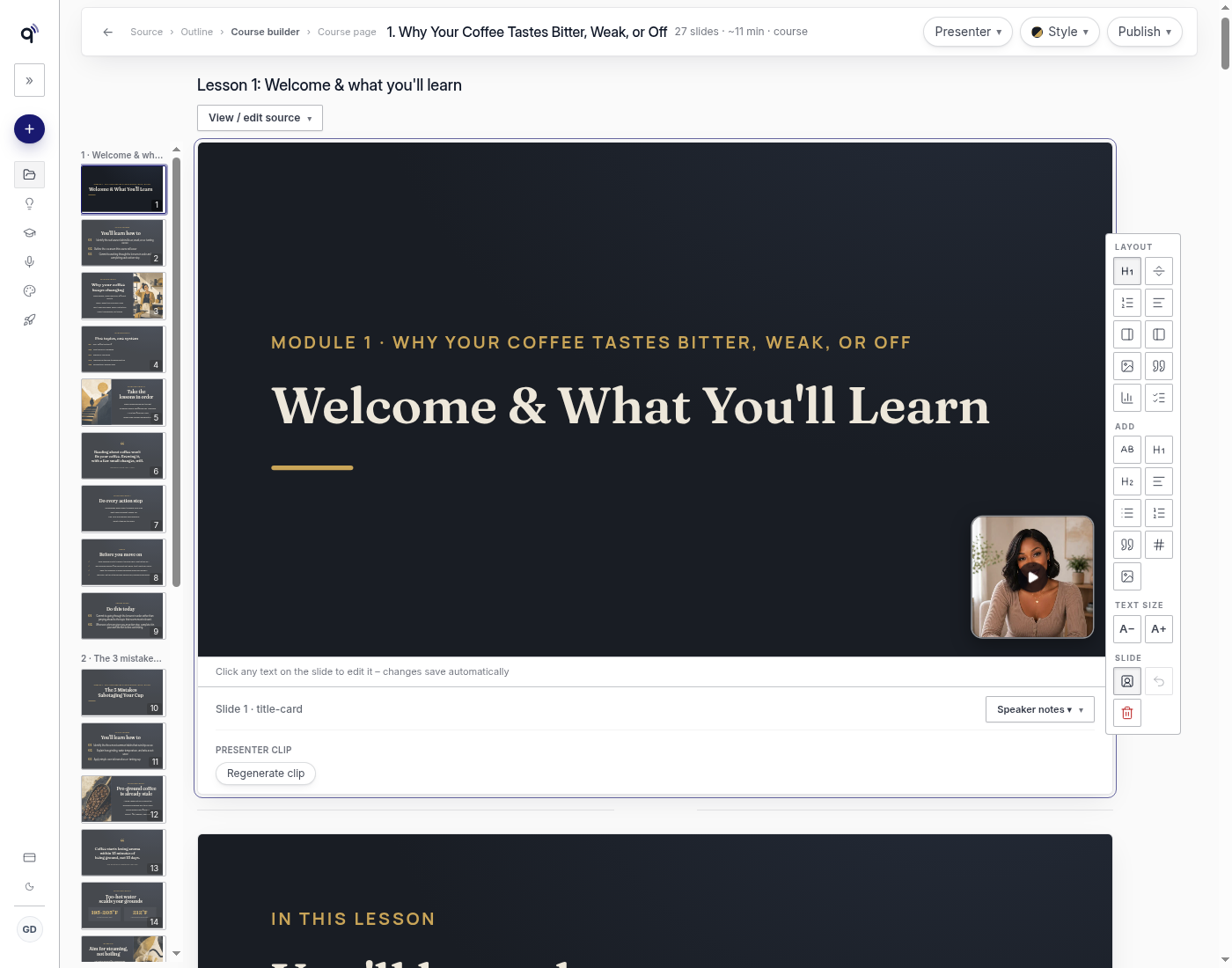Presenter frame with a play button over a finished preview clip