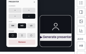 Slide with a presenter frame and the settings panel open